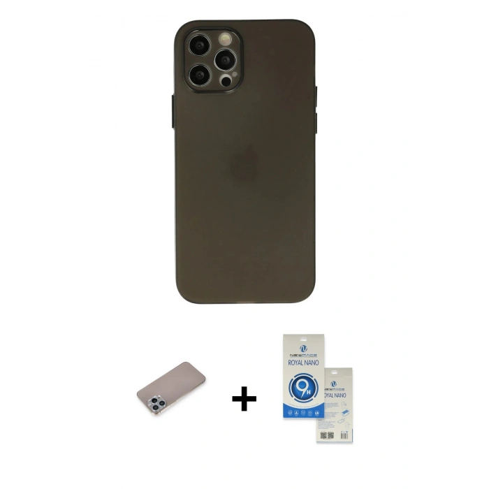MARSİLYAN™- iPhone 12 Pro Max Kılıf Atlas Minimal Prime - Şeffaf Royal Nano Ekran Koruyucu + Sierra Blue Shine Kamera Lens Koruma Cam
