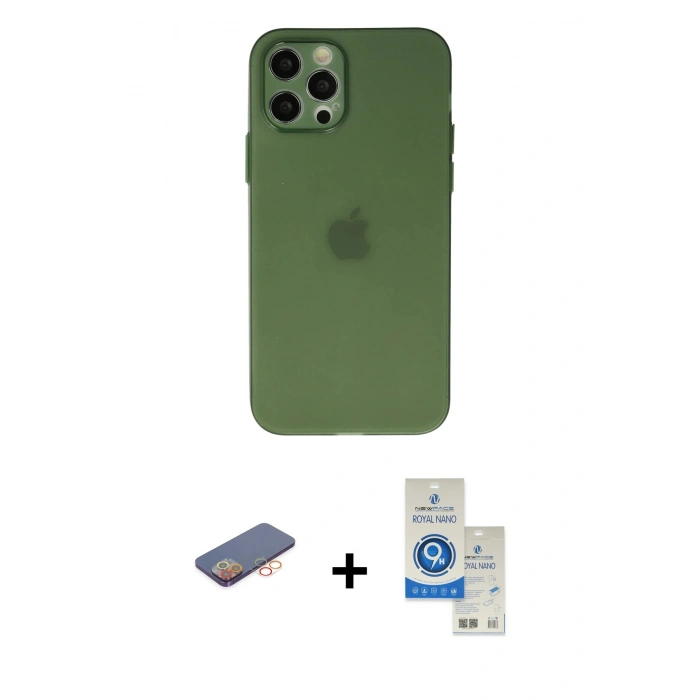 MARSİLYAN™- iPhone 12 Pro Max Kılıf Atlas Minimal Prime - Şeffaf Royal Nano Ekran Koruyucu + Renkli Kamera Lens Koruma Cam - TU