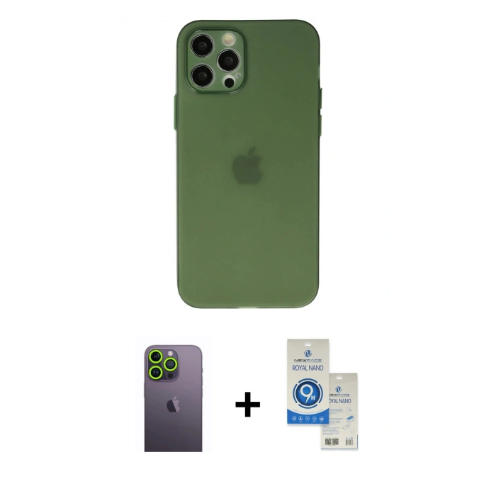 MARSİLYAN™- iPhone 12 Pro Max Kılıf Atlas Minimal Prime - Şeffaf Royal Nano Ekran Koruyucu + Neon Fosforlu Kamera Lens - YL