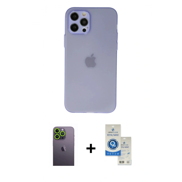 MARSİLYAN™- iPhone 12 Pro Max Kılıf Atlas Minimal Prime - Şeffaf Royal Nano Ekran Koruyucu + Neon Fosforlu Kamera Lens - YL