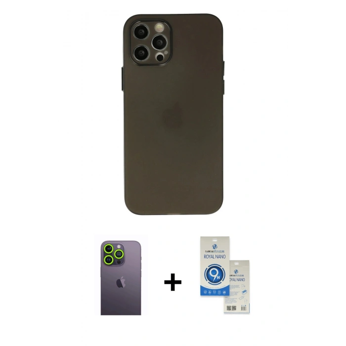MARSİLYAN™- iPhone 12 Pro Max Kılıf Atlas Minimal Prime - Şeffaf Royal Nano Ekran Koruyucu + Neon Fosforlu Kamera Lens - YL