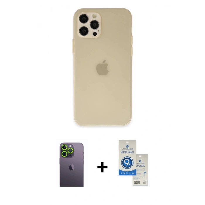 MARSİLYAN™- iPhone 12 Pro Max Kılıf Atlas Minimal Prime - Şeffaf Royal Nano Ekran Koruyucu + Neon Fosforlu Kamera Lens - YL