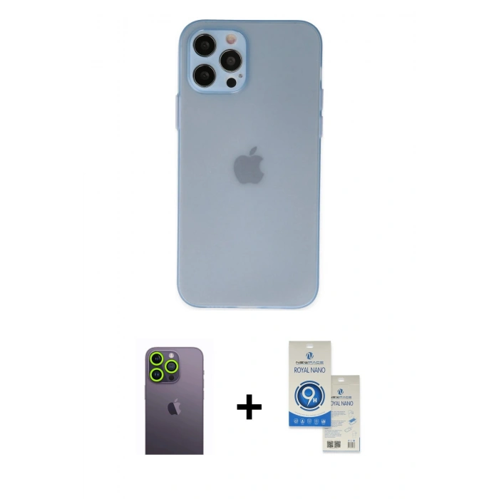 MARSİLYAN™- iPhone 12 Pro Max Kılıf Atlas Minimal Prime - Şeffaf Royal Nano Ekran Koruyucu + Neon Fosforlu Kamera Lens - YL