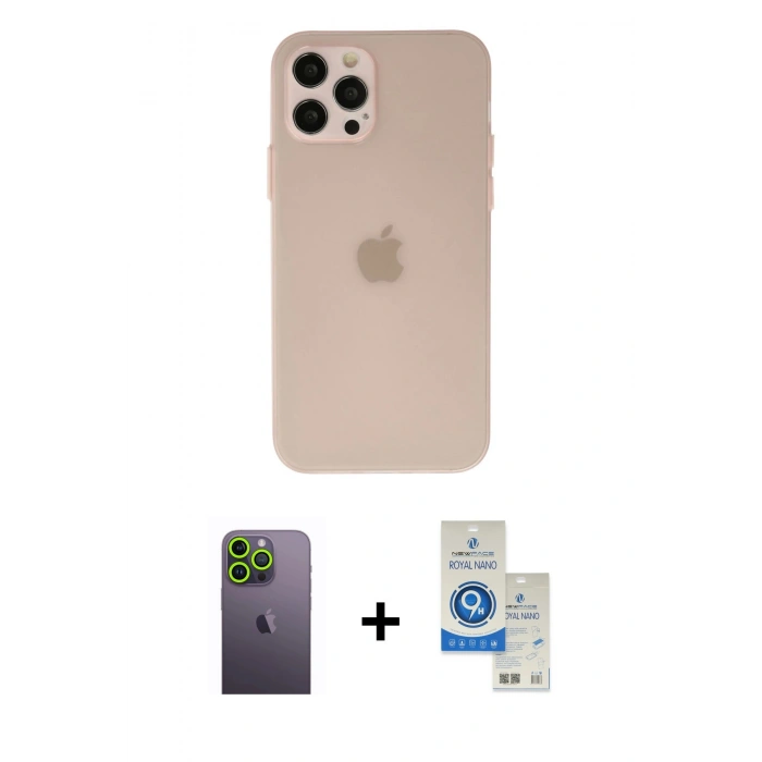 MARSİLYAN™- iPhone 12 Pro Max Kılıf Atlas Minimal Prime - Şeffaf Royal Nano Ekran Koruyucu + Neon Fosforlu Kamera Lens - YL