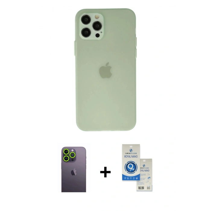 MARSİLYAN™- iPhone 12 Pro Max Kılıf Atlas Minimal Prime - Şeffaf Royal Nano Ekran Koruyucu + Neon Fosforlu Kamera Lens - YL