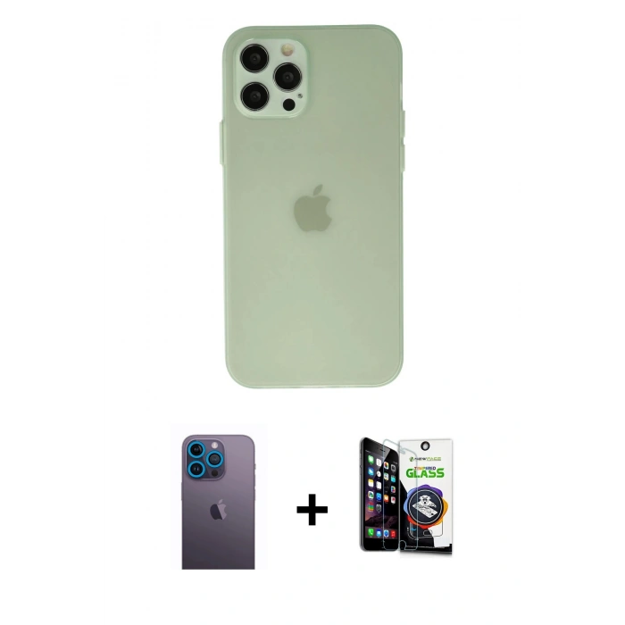 MARSİLYAN™- iPhone 12 Pro Max Kılıf Atlas Minimal Prime - Şeffaf Temperli Cam Ekran Koruyucu + Neon Fosforlu Kamera Lens - MI