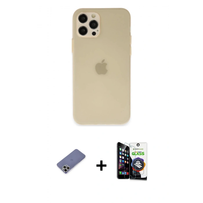 MARSİLYAN™- iPhone 12 Pro Max Kılıf Atlas Minimal Prime - Şeffaf Temperli Cam Ekran Koruyucu + Metal Kamera Lens Koruma Cam - GD