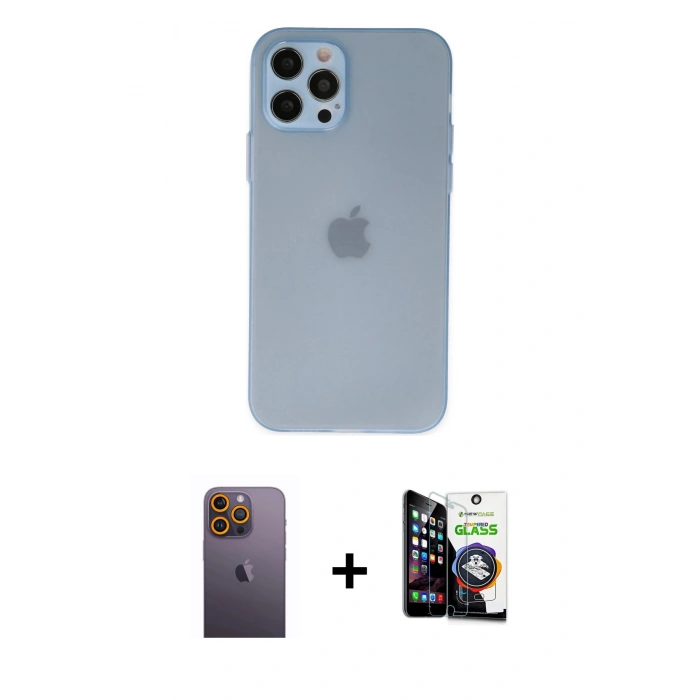 MARSİLYAN™- iPhone 12 Pro Max Kılıf Atlas Minimal Prime - Şeffaf Temperli Cam Ekran Koruyucu + Neon Fosforlu Kamera Lens - SI