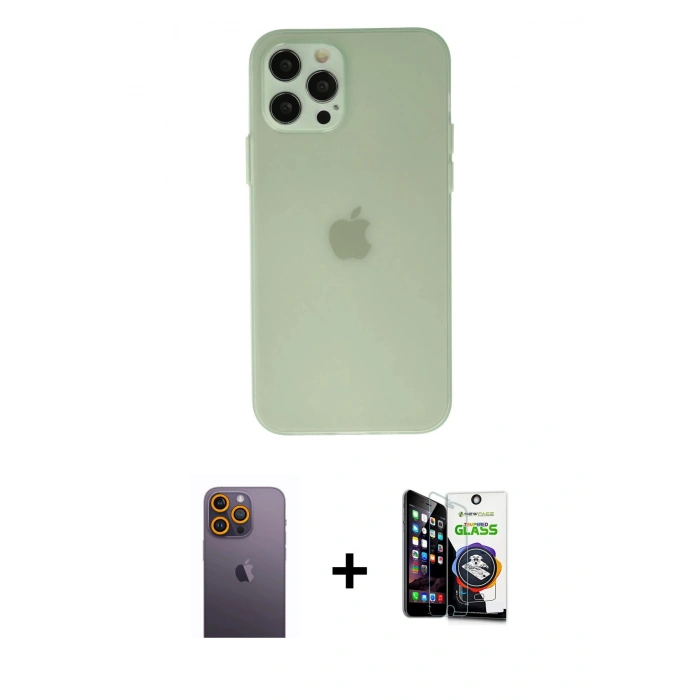 MARSİLYAN™- iPhone 12 Pro Max Kılıf Atlas Minimal Prime - Şeffaf Temperli Cam Ekran Koruyucu + Neon Fosforlu Kamera Lens - SI