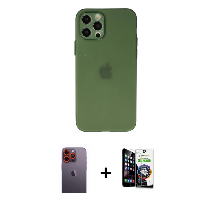 MARSİLYAN™- iPhone 12 Pro Max Kılıf Atlas Minimal Prime - Şeffaf Temperli Cam Ekran Koruyucu + Neon Fosforlu Kamera Lens - TU