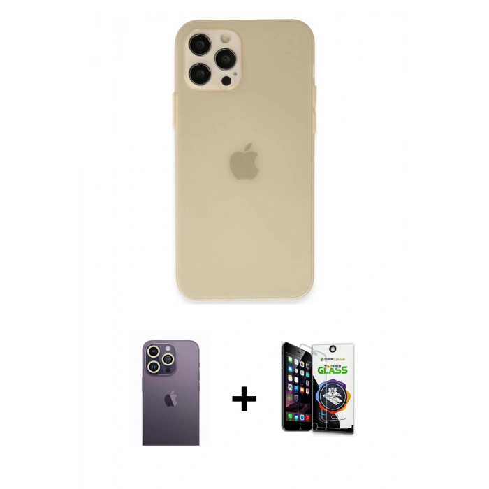 MARSİLYAN™- iPhone 12 Pro Max Kılıf Atlas Minimal Prime - Şeffaf Temperli Cam Ekran Koruyucu + Neon Fosforlu Kamera Lens - BZ
