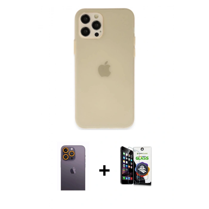 MARSİLYAN™- iPhone 12 Pro Max Kılıf Atlas Minimal Prime - Şeffaf Temperli Cam Ekran Koruyucu + Neon Fosforlu Kamera Lens - SI