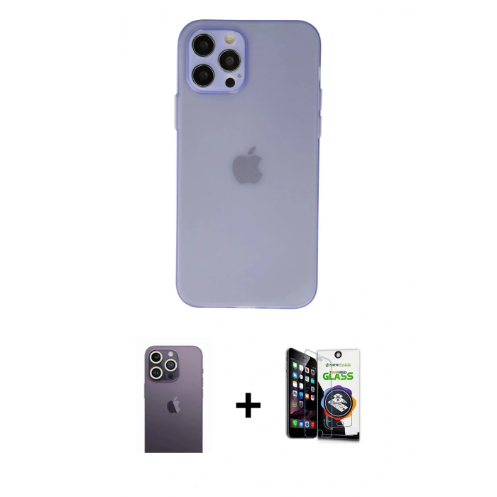 MARSİLYAN™- iPhone 12 Pro Max Kılıf Atlas Minimal Prime - Şeffaf Temperli Cam Ekran Koruyucu + Neon Fosforlu Kamera Lens - BZ