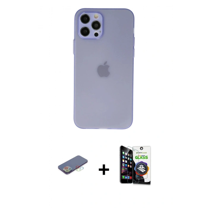 MARSİLYAN™- iPhone 12 Pro Max Kılıf Atlas Minimal Prime - Şeffaf Temperli Cam Ekran Koruyucu + Renkli Kamera Lens Koruma Cam - MI