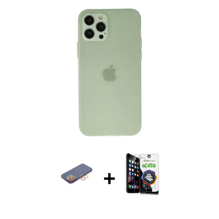 MARSİLYAN™- iPhone 12 Pro Max Kılıf Atlas Minimal Prime - Şeffaf Temperli Cam Ekran Koruyucu + Renkli Kamera Lens Koruma Cam - TU