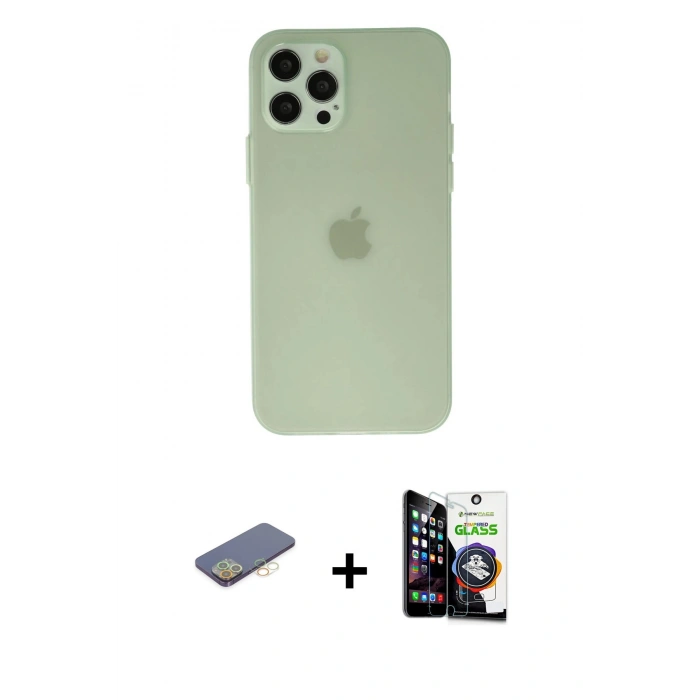 MARSİLYAN™- iPhone 12 Pro Max Kılıf Atlas Minimal Prime - Şeffaf Temperli Cam Ekran Koruyucu + Renkli Kamera Lens Koruma Cam - SI