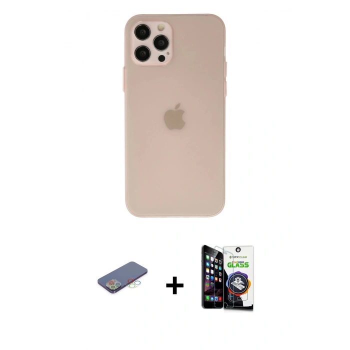 MARSİLYAN™- iPhone 12 Pro Max Kılıf Atlas Minimal Prime - Şeffaf Temperli Cam Ekran Koruyucu + Renkli Kamera Lens Koruma Cam - MI