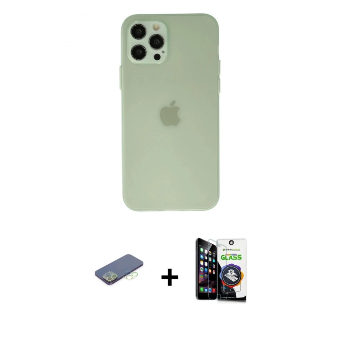 MARSİLYAN™- iPhone 12 Pro Max Kılıf Atlas Minimal Prime - Şeffaf Temperli Cam Ekran Koruyucu + Renkli Kamera Lens Koruma Cam - YL