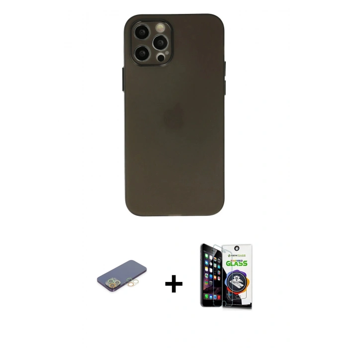 MARSİLYAN™- iPhone 12 Pro Max Kılıf Atlas Minimal Prime - Şeffaf Temperli Cam Ekran Koruyucu + Renkli Kamera Lens Koruma Cam - SI