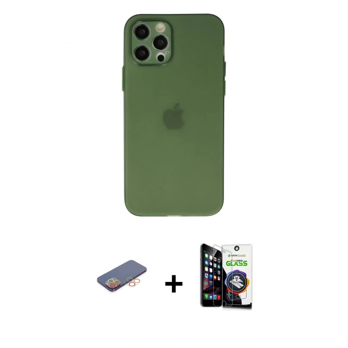 MARSİLYAN™- iPhone 12 Pro Max Kılıf Atlas Minimal Prime - Şeffaf Temperli Cam Ekran Koruyucu + Renkli Kamera Lens Koruma Cam - TU
