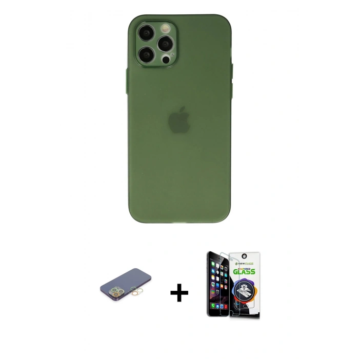 MARSİLYAN™- iPhone 12 Pro Max Kılıf Atlas Minimal Prime - Şeffaf Temperli Cam Ekran Koruyucu + Renkli Kamera Lens Koruma Cam - SI