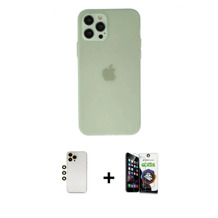 MARSİLYAN™- iPhone 12 Pro Max Kılıf Atlas Minimal Prime - Şeffaf Temperli Cam Ekran Koruyucu + Shine Kamera Lens - GD