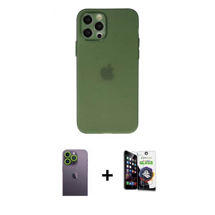 MARSİLYAN™- iPhone 12 Pro Max Kılıf Atlas Minimal Prime - Şeffaf Temperli Cam Ekran Koruyucu + Neon Fosforlu Kamera Lens - YL