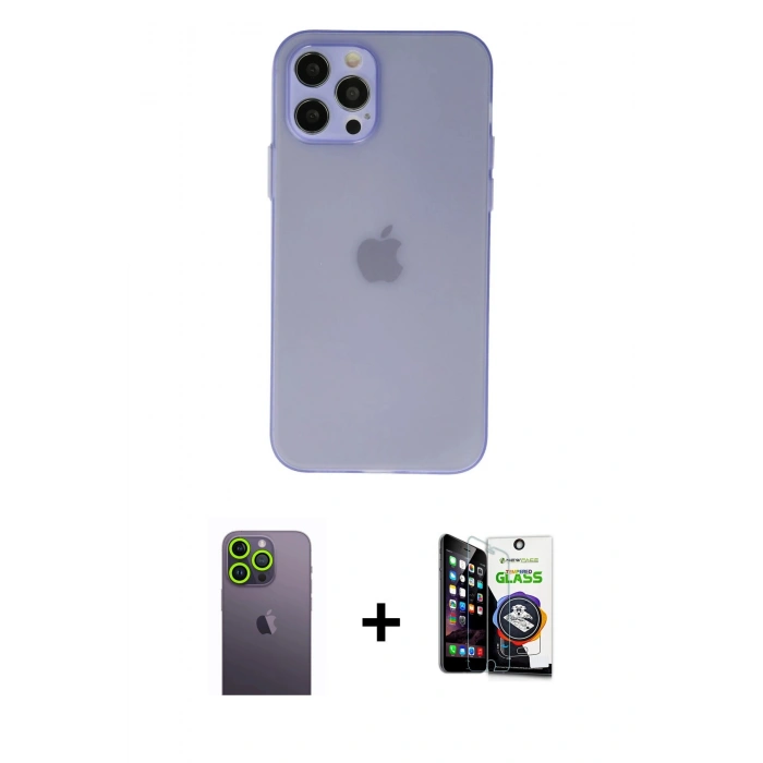 MARSİLYAN™- iPhone 12 Pro Max Kılıf Atlas Minimal Prime - Şeffaf Temperli Cam Ekran Koruyucu + Neon Fosforlu Kamera Lens - YL