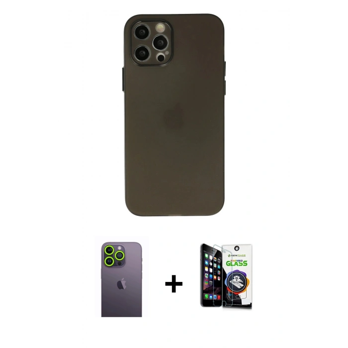 MARSİLYAN™- iPhone 12 Pro Max Kılıf Atlas Minimal Prime - Şeffaf Temperli Cam Ekran Koruyucu + Neon Fosforlu Kamera Lens - YL