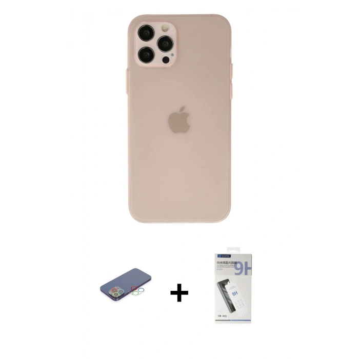 MARSİLYAN™- iPhone 12 Pro Max Kılıf Atlas Minimal Prime - Şeffaf Uv Polymer Nano Ekran Koruyucu + Mavi Renkli Kamera Lens Koruma Cam