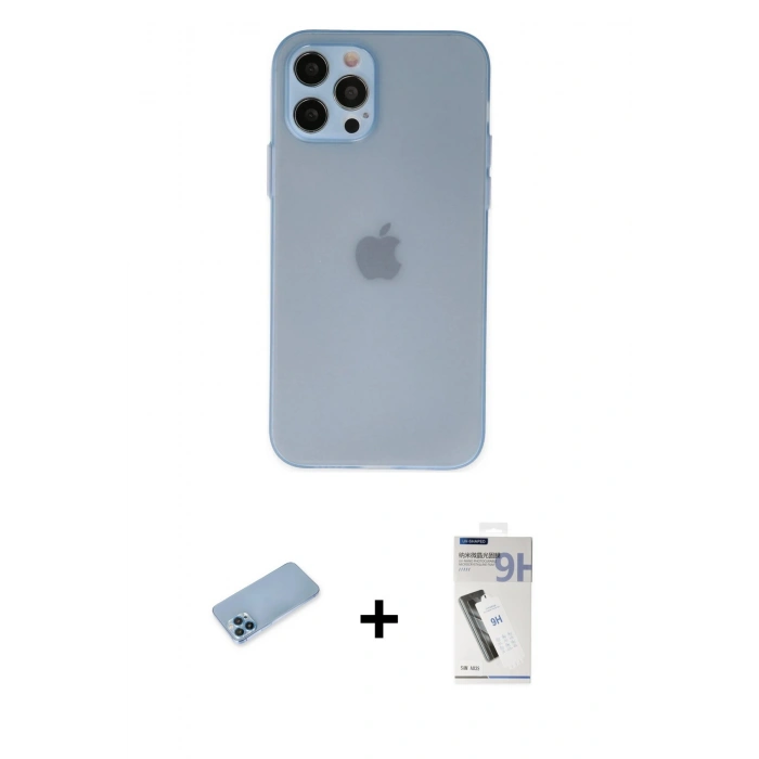 MARSİLYAN™- iPhone 12 Pro Max Kılıf Atlas Minimal Prime - Şeffaf Uv Polymer Nano Ekran Koruyucu + Mavi Shine Kamera Lens Koruma Cam