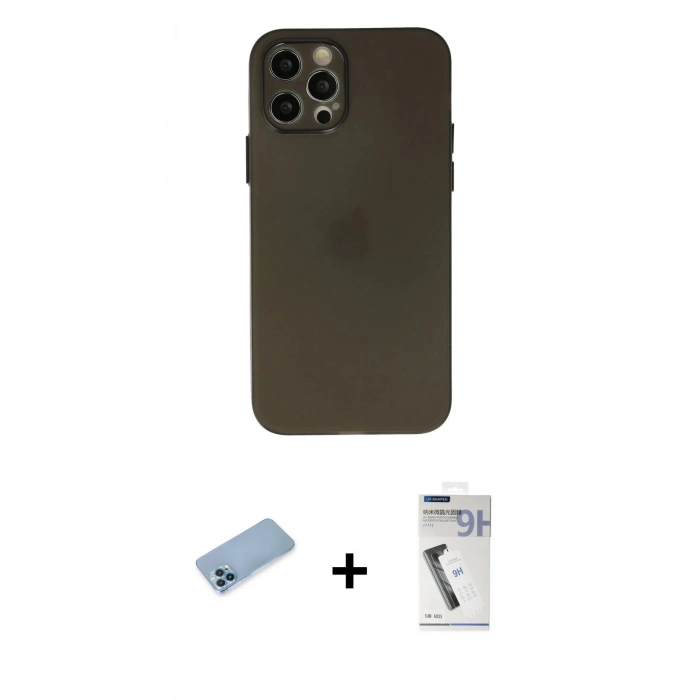 MARSİLYAN™- iPhone 12 Pro Max Kılıf Atlas Minimal Prime - Şeffaf Uv Polymer Nano Ekran Koruyucu + Mavi Shine Kamera Lens Koruma Cam