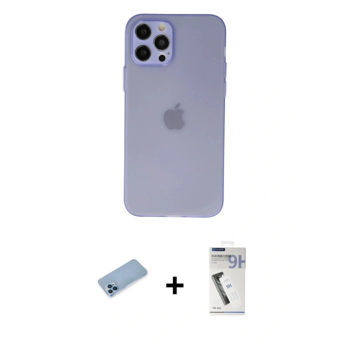 MARSİLYAN™- iPhone 12 Pro Max Kılıf Atlas Minimal Prime - Şeffaf Uv Polymer Nano Ekran Koruyucu + Mavi Shine Kamera Lens Koruma Cam