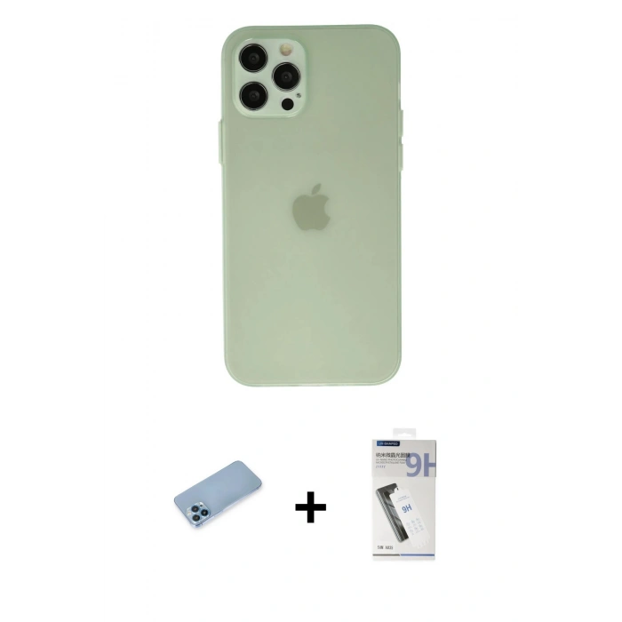MARSİLYAN™- iPhone 12 Pro Max Kılıf Atlas Minimal Prime - Şeffaf Uv Polymer Nano Ekran Koruyucu + Mavi Shine Kamera Lens Koruma Cam