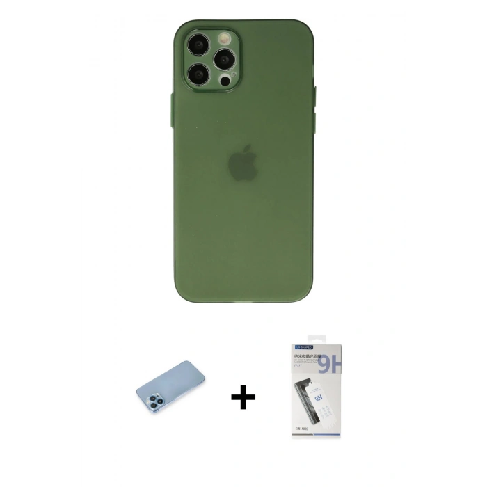 MARSİLYAN™- iPhone 12 Pro Max Kılıf Atlas Minimal Prime - Şeffaf Uv Polymer Nano Ekran Koruyucu + Mavi Shine Kamera Lens Koruma Cam