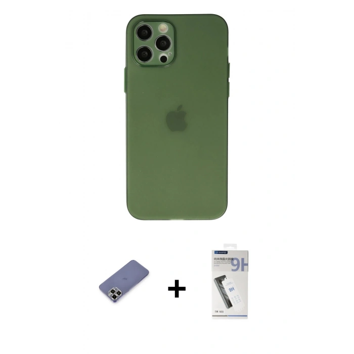 MARSİLYAN™- iPhone 12 Pro Max Kılıf Atlas Minimal Prime - Şeffaf Uv Polymer Nano Ekran Koruyucu + Metal Kamera Lens Koruma Cam - GD