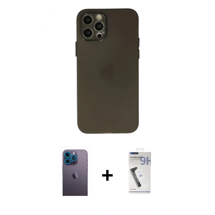 MARSİLYAN™- iPhone 12 Pro Max Kılıf Atlas Minimal Prime - Şeffaf Uv Polymer Nano Ekran Koruyucu + Neon Fosforlu Kamera Lens - MI