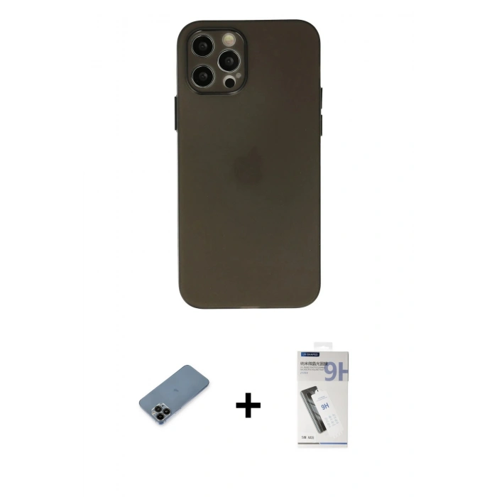 MARSİLYAN™- iPhone 12 Pro Max Kılıf Atlas Minimal Prime - Şeffaf Uv Polymer Nano Ekran Koruyucu + Siyah Shine Kamera Lens Koruma Cam