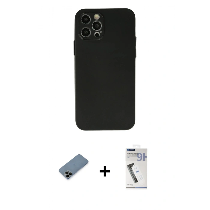 MARSİLYAN™- iPhone 12 Pro Max Kılıf Atlas Minimal Prime - Şeffaf Uv Polymer Nano Ekran Koruyucu + Siyah Shine Kamera Lens Koruma Cam