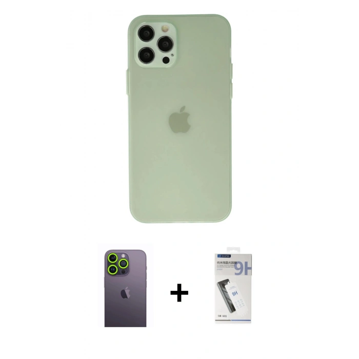 MARSİLYAN™- iPhone 12 Pro Max Kılıf Atlas Minimal Prime - Şeffaf Uv Polymer Nano Ekran Koruyucu + Yeşil Neon Fosforlu Kamera Lens