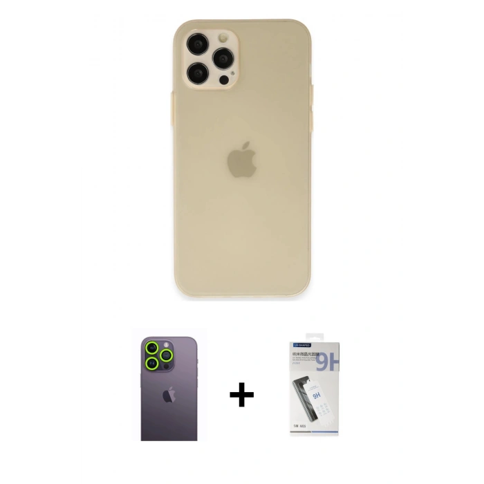 MARSİLYAN™- iPhone 12 Pro Max Kılıf Atlas Minimal Prime - Şeffaf Uv Polymer Nano Ekran Koruyucu + Yeşil Neon Fosforlu Kamera Lens