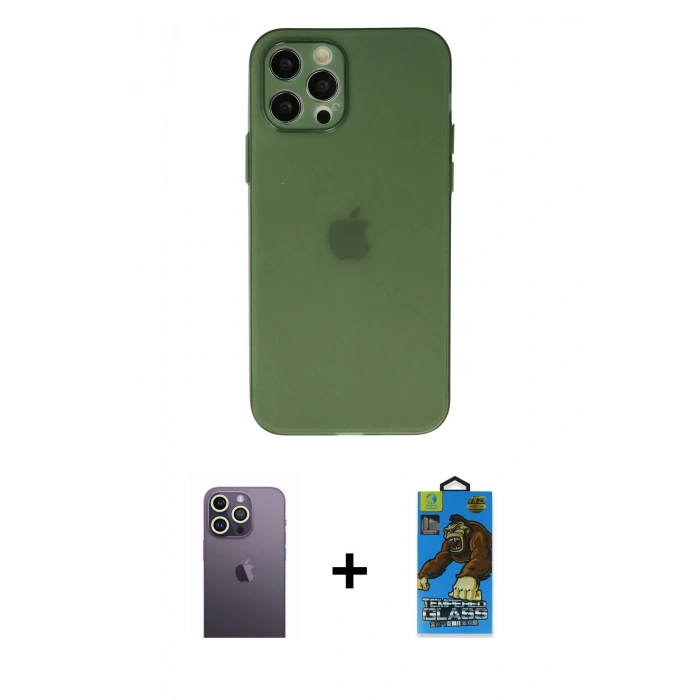 MARSİLYAN™- iPhone 12 Pro Max Kılıf Atlas Minimal Prime - Siyah 18D Cam Ekran Koruyucu + Neon Fosforlu Kamera Lens - BZ