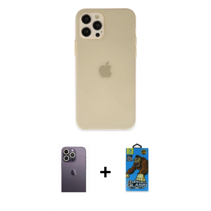 MARSİLYAN™- iPhone 12 Pro Max Kılıf Atlas Minimal Prime - Siyah 18D Cam Ekran Koruyucu + Neon Fosforlu Kamera Lens - BZ