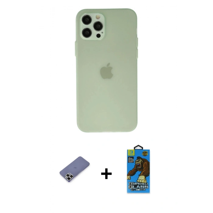 MARSİLYAN™- iPhone 12 Pro Max Kılıf Atlas Minimal Prime - Siyah 18D Cam Ekran Koruyucu + Metal Kamera Lens Koruma Cam - GD