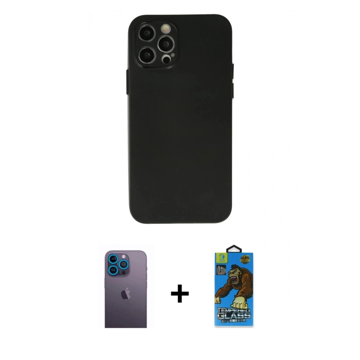 MARSİLYAN™- iPhone 12 Pro Max Kılıf Atlas Minimal Prime - Siyah 18D Cam Ekran Koruyucu + Neon Fosforlu Kamera Lens - MI