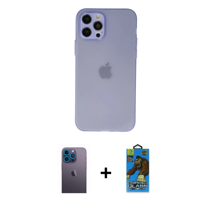 MARSİLYAN™- iPhone 12 Pro Max Kılıf Atlas Minimal Prime - Siyah 18D Cam Ekran Koruyucu + Neon Fosforlu Kamera Lens - MI
