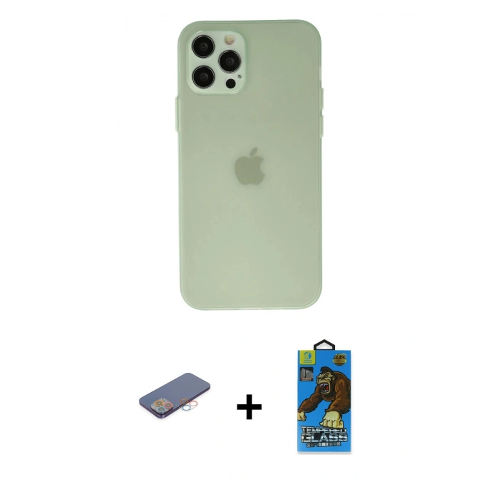 MARSİLYAN™- iPhone 12 Pro Max Kılıf Atlas Minimal Prime - Siyah 18D Cam Ekran Koruyucu + Renkli Kamera Lens Koruma Cam - PE
