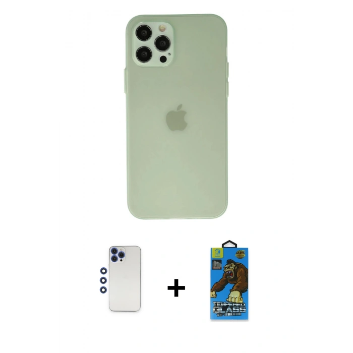 MARSİLYAN™- iPhone 12 Pro Max Kılıf Atlas Minimal Prime - Siyah 18D Cam Ekran Koruyucu + Shine Kamera Lens - LT