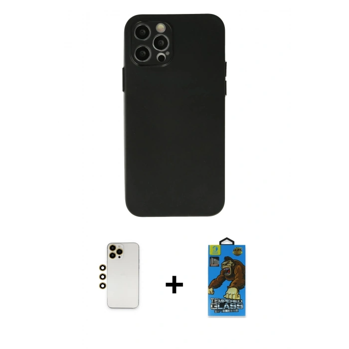 MARSİLYAN™- iPhone 12 Pro Max Kılıf Atlas Minimal Prime - Siyah 18D Cam Ekran Koruyucu + Shine Kamera Lens - GD