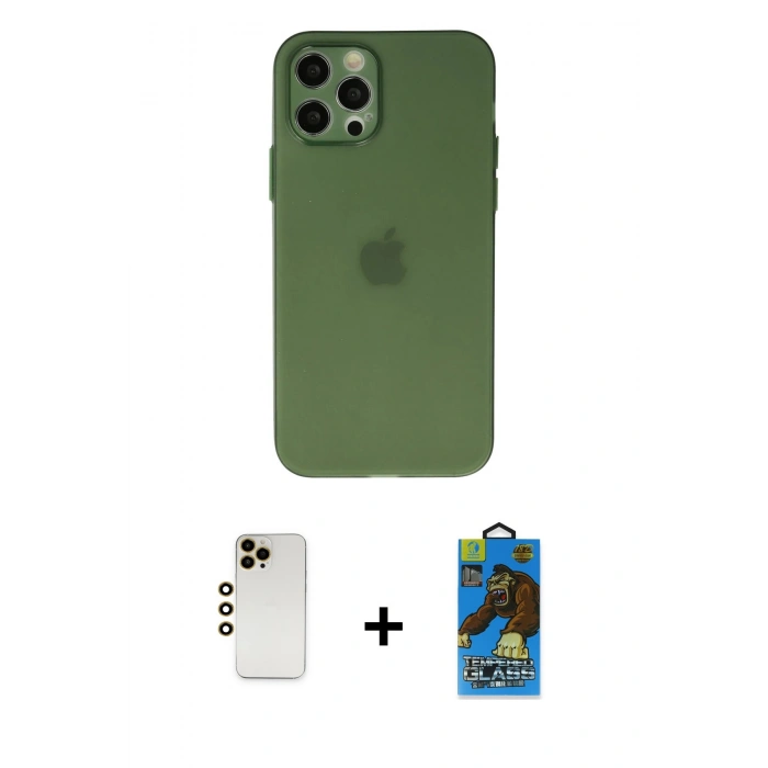 MARSİLYAN™- iPhone 12 Pro Max Kılıf Atlas Minimal Prime - Siyah 18D Cam Ekran Koruyucu + Shine Kamera Lens - GD